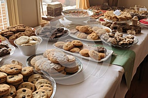bake sale table, overflowing with holiday cookies and treats