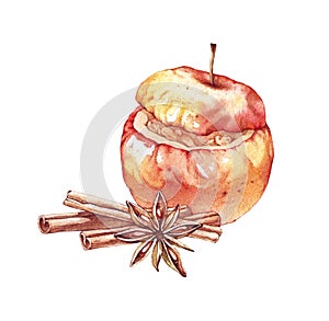 Baked apples with cinnamon, anise star and cinnamon. Watercolor illustration. Christmas desserts isolated on white. Hand drawn ske photo