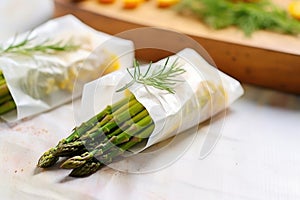 baked asparagus tips poking out of a white paper bag