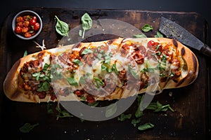 Baked Baguette. French bread pizza on a wooden cutting board