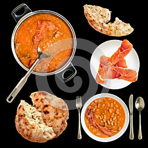 Baked Beans cooked with smoked pork ribs served with Prosciutto slices on porcelain plate and leavened Flatbread isolated on black