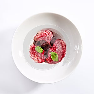 Baked beet and goat cheese espuma appetizer top view