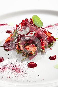 Baked Beet Salad with Citrus Fruits and Stracciatella Isolated