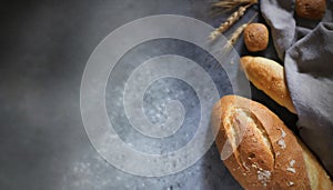 Baked bread on dark grey rustic background