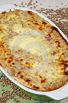 Baked buckwheat mash in baking pan