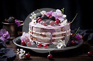 Baked cake on a plate decorated with cherries, blackberries and flowers, dark wooden table