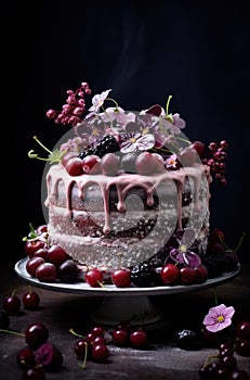Baked cake on a plate decorated with cherries, blackberries and flowers, dark wooden table