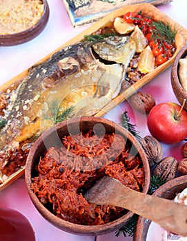 Baked carp and bigos.