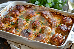 Baked cheesy meatballs casserole with tomato sauce