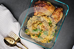baked chicken with basmati rice. asian lunch box food and meal prep.