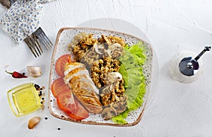 baked chicken breast with mushroom quinoa and salad