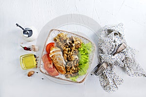 baked chicken breast with mushroom quinoa and salad