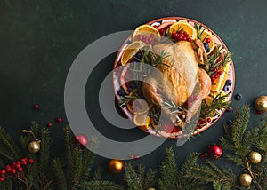 Baked  chicken. The Christmas table is served with a turkey, decorated with bright fruits. Christmas dinner