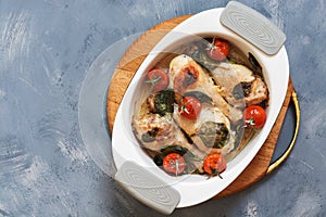 Baked chicken leg with tomatoes and spinach in ceramic ware on a gray background. Copy space, top view.