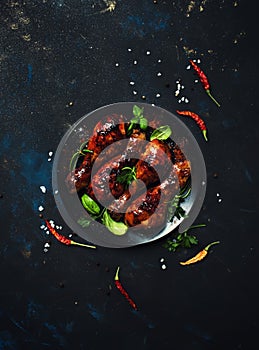 Baked chicken legs in spicy glaze with hiney sauce on the plate, black background, top view