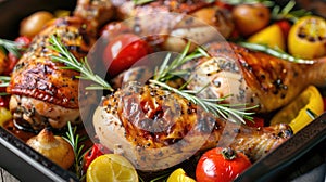 Baked chicken legs with vegetables. Horizontal view from above