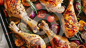 Baked chicken legs with vegetables. Horizontal view from above