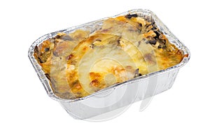 Baked chicken meat with mushroom and mayonnaise in aluminium box