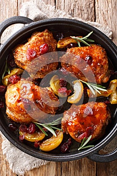 Baked chicken thighs with apples, cranberries and rosemary in a pan. Vertical top view