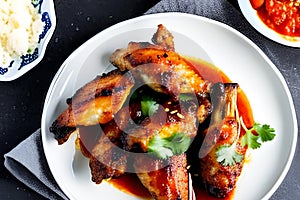 baked chicken wings in the asian style and tomatoes sauce on plate. Generative AI