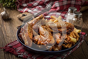 Baked chicken wings with french fries