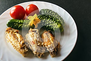 Baked chicken wings, fresh tomatoes and green cucumbers on a white plate on a black background. Dietary healthy food for dinner. C