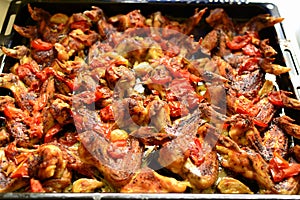 Baked chicken wings on pepper a with garlic and tomate photo