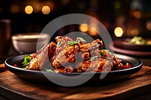 baked chicken wings smothered in barbecue sauce, served on a table.