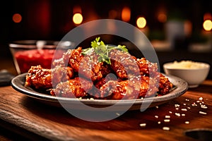 baked chicken wings smothered in barbecue sauce, served on a table.