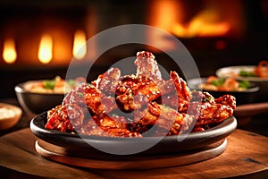 baked chicken wings smothered in barbecue sauce, served on a table.