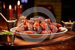 baked chicken wings smothered in barbecue sauce, served on a table.