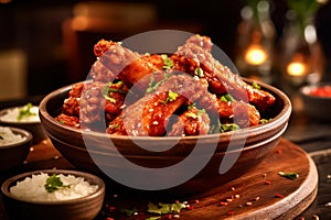 baked chicken wings smothered in barbecue sauce, served on a table.