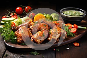 Baked chicken wings with vegetables and sauce on a wooden background, Grilled chicken wings with vegetables on dark wooden