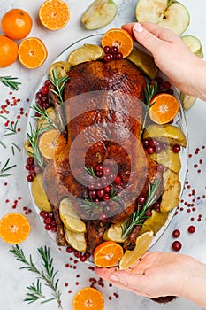 Baked christmas duck or goose stuffed with apples and cranberries