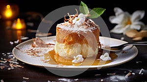 Baked and coconut souffle. Light caramel souffle with coconut