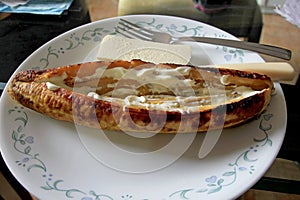 Baked or cooked plantains with Guava and Cheese, a typical traditional meal in Colombia