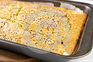 Baked Cornbread with Spinach in the baking tray