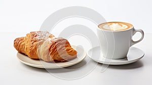 baked croissant and a cappuccino with intricate latte art, presented on white plates against a minimalist backdrop