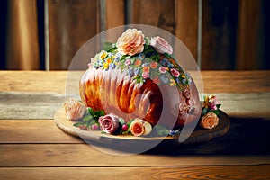 baked delicious easter ham decorated with flowers on wooden table