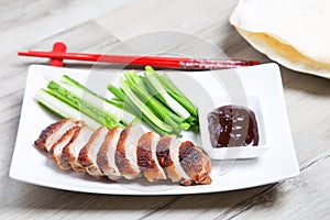 Baked duck with hoisin sauce, pancakes, cucumbers and shallots.