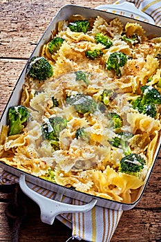 Baked farfalle pasta casserole with broccoli