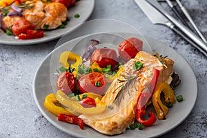 Baked fillet Arctic char on a plate with vegetables