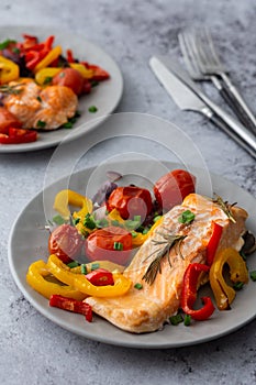 Baked fillet Arctic char on a plate with vegetables