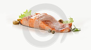 Baked fillet of salmon with olives, capers and lettuce