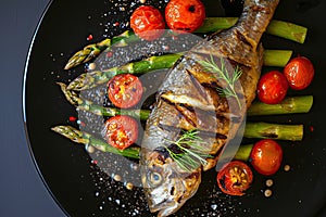 Baked fish with asparagu in the plate