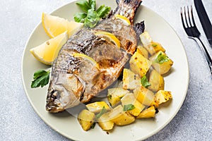 Baked fish carp with lemon greens and potatoes on a plate