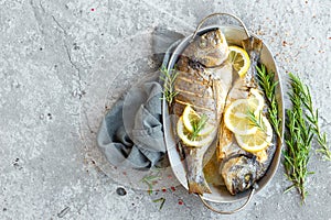 Baked fish dorado. Sea bream or dorada fish grilled