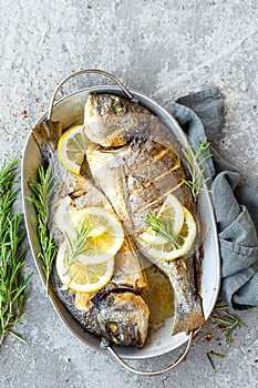 Baked fish dorado. Sea bream or dorada fish grilled