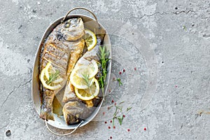 Baked fish dorado. Sea bream or dorada fish grilled