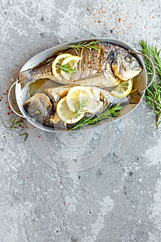 Baked fish dorado. Sea bream or dorada fish grilled